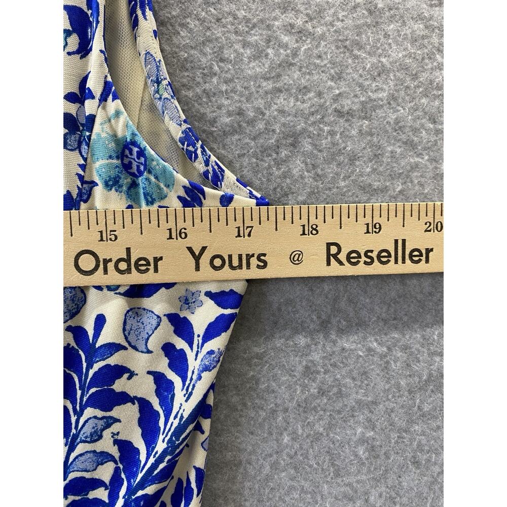 Tory Burch 100% Silk Blue White Floral Ruched Sheath Dress Women’s Large Resort - Picture 8 of 10